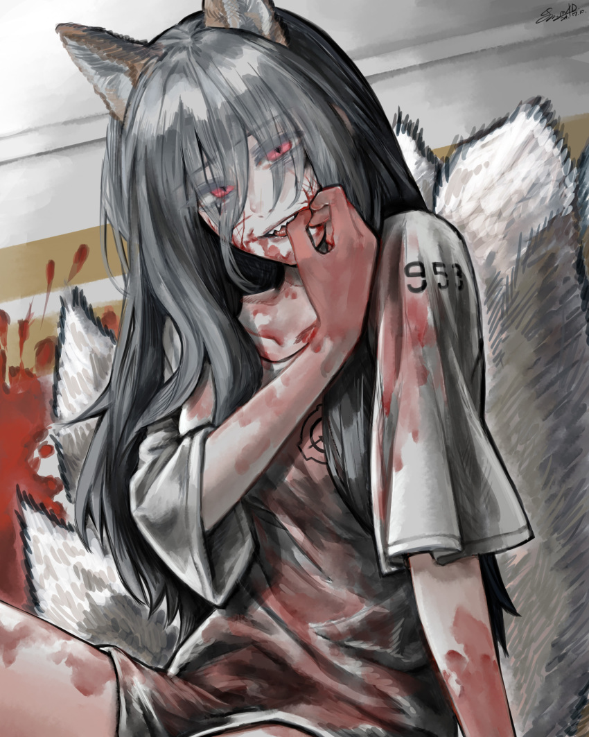 1girl, absurdres, animal_ears, artist_name, biting_own_finger, blood, blood_on_clothes, blood_on_face