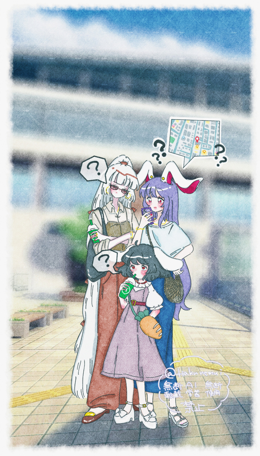 3girls, ?, absurdres, alternate_costume, animal_ears, black_hair, blunt_bangs, blurry