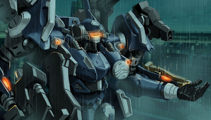 absurdres, armored_core, armored_core:_nexus, commentary, glowing, gun, hand_up, highres