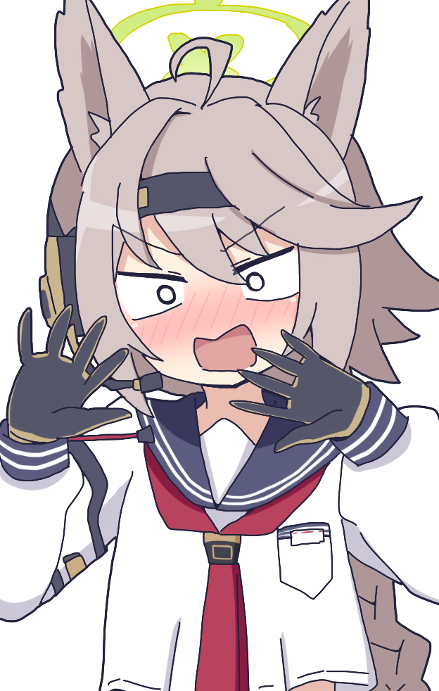 1girl, ahoge, animal_ears, black_gloves, black_hairband, black_sailor_collar, blue_archive, blush