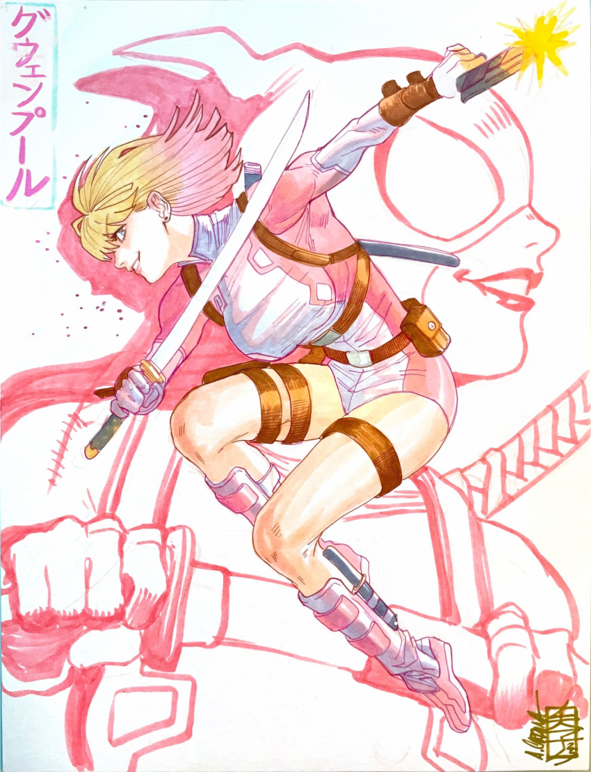 1girl, acecore2k, asymmetrical_dual_wielding, belt, blonde_hair, blue_eyes, blunt_bangs, bodysuit