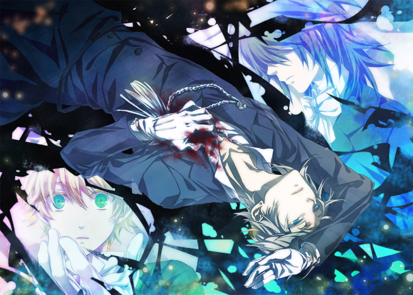 aqua_eyes, black_hair, blonde_hair, blood, blue_eyes, earrings, elliot_nightray, formal