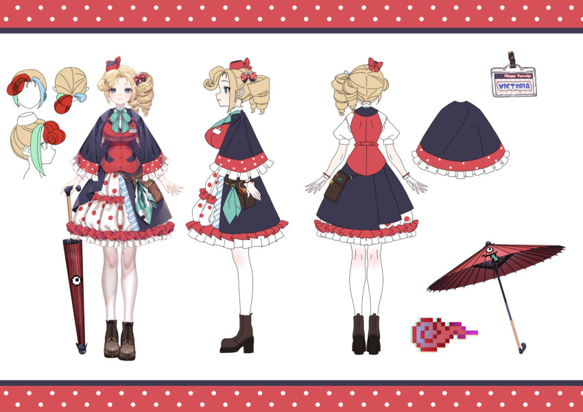 1girl, black_shoes, black_skirt, blind, blonde_hair, blue_eyes, character_name, closed_mouth