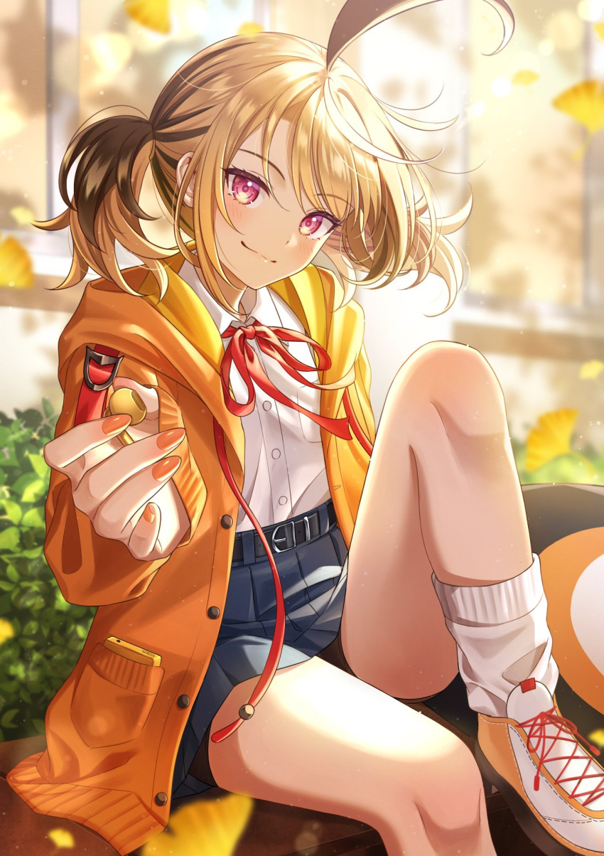 1girl, ahoge, alternate_costume, belt, bike_shorts, bike_shorts_under_skirt, black_belt, black_shorts, blue_skirt, blurry, blurry_background, brown_hair, closed_mouth, collared_shirt, commentary, english_commentary, falling_petals, gigi_murin, highres, hololive, hololive_english, hood, hooded_jacket, huge_ahoge, incoming_earphone, jacket, knee_up, looking_at_viewer, loose_socks, miniskirt, multicolored_hair, nail_polish, neck_ribbon, orange_nails, outdoors, petals, pink_eyes, red_ribbon, redpepperoni00, ribbon, school_uniform, shirt, shirt_tucked_in, shoes, short_shorts, short_twintails, shorts, skirt, smile, socks, solo, tail, twintails, two-tone_hair, virtual_youtuber, white_shirt, white_shoes, white_socks, yellow_jacket