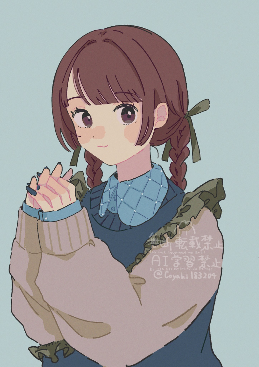 1girl, blue_background, blue_nails, blue_shirt, blue_sweater, braid, brown_eyes, brown_hair