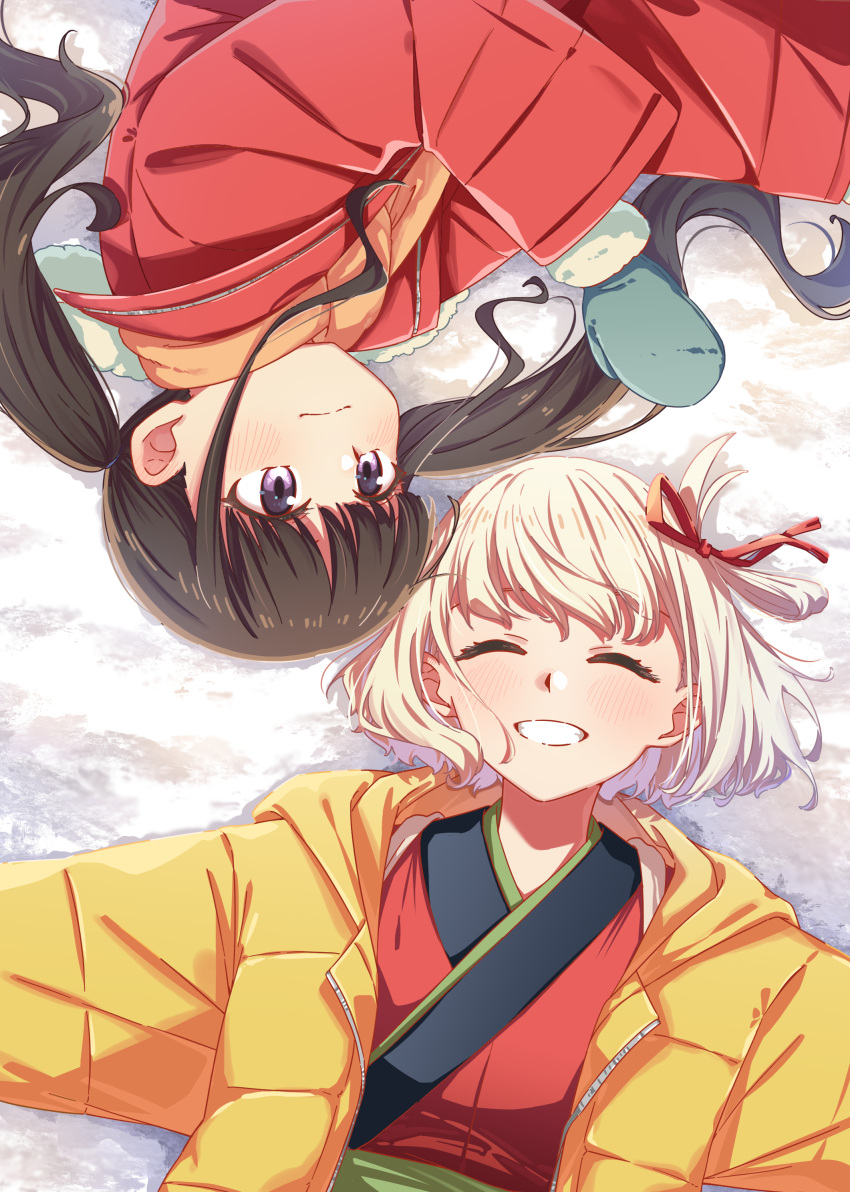 2girls, absurdres, black_hair, blonde_hair, closed_eyes, closed_mouth, commentary_request, green_eyes, hair_ribbon, highres, inoue_takina, jacket, japanese_clothes, kimono, long_hair, lycoris_recoil, lying, mittens, multiple_girls, musihara, nishikigi_chisato, red_ribbon, ribbon, scarf, short_hair, smile, snow, twintails, violet_eyes, yuri