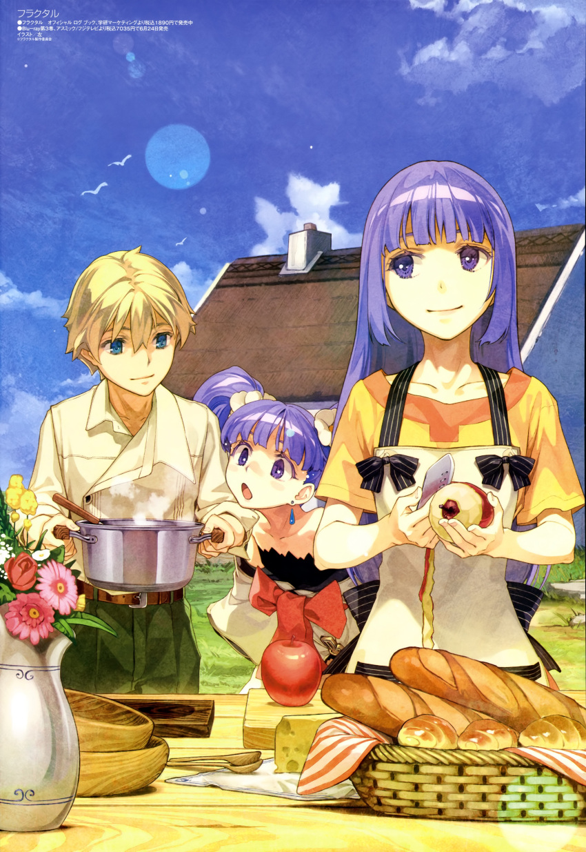 apple, bare_shoulders, blonde_hair, blue_eyes, bread, cheese, clain, earrings