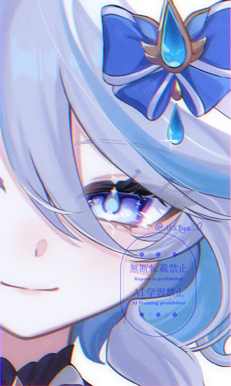 1girl, blue_bow, blue_eyes, blue_hair, bow, close-up, commentary, furina_(genshin_impact)