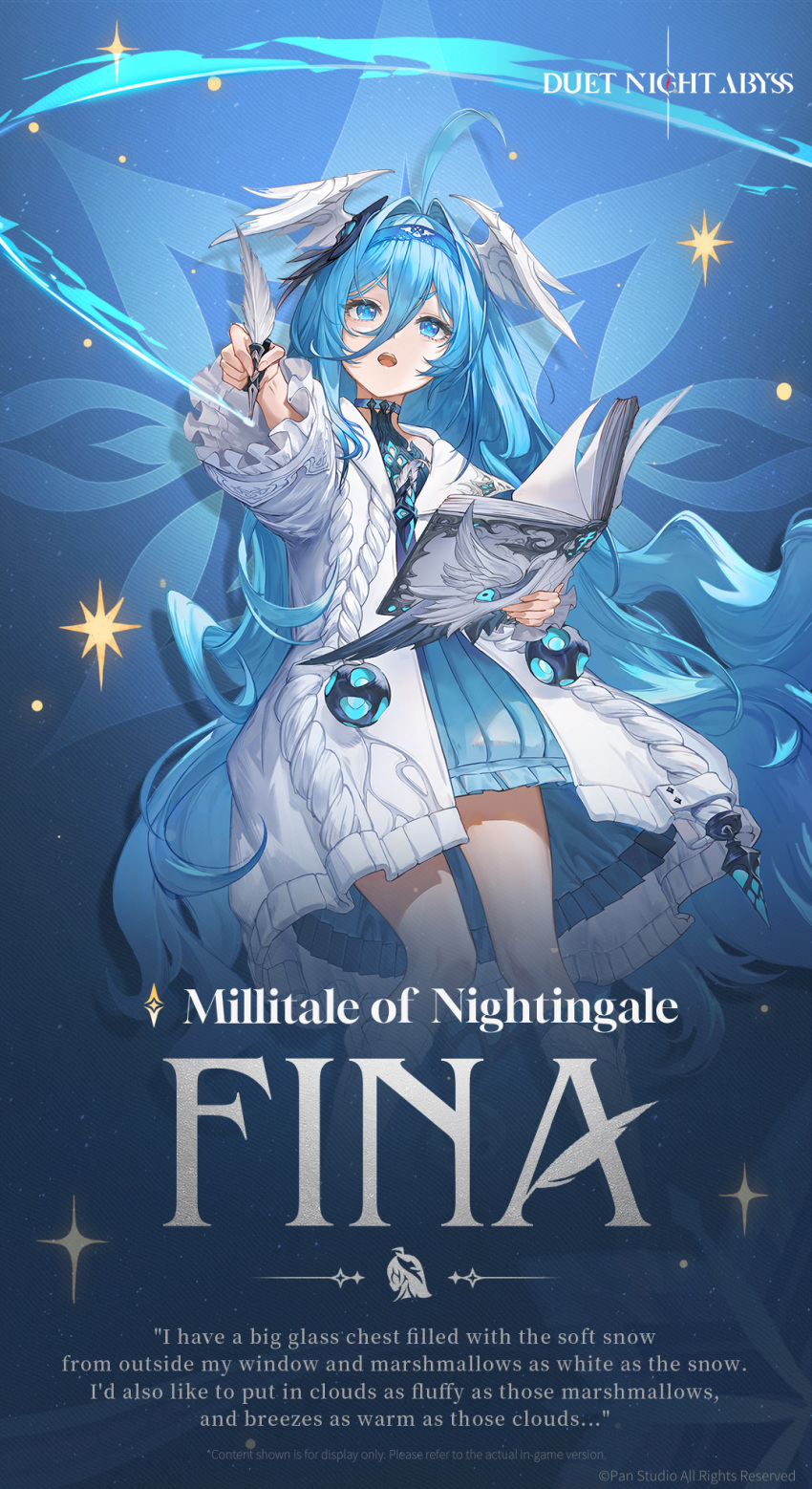 1girl, ahoge, blue_dress, blue_eyes, blue_hair, blue_hairband, blue_theme, book