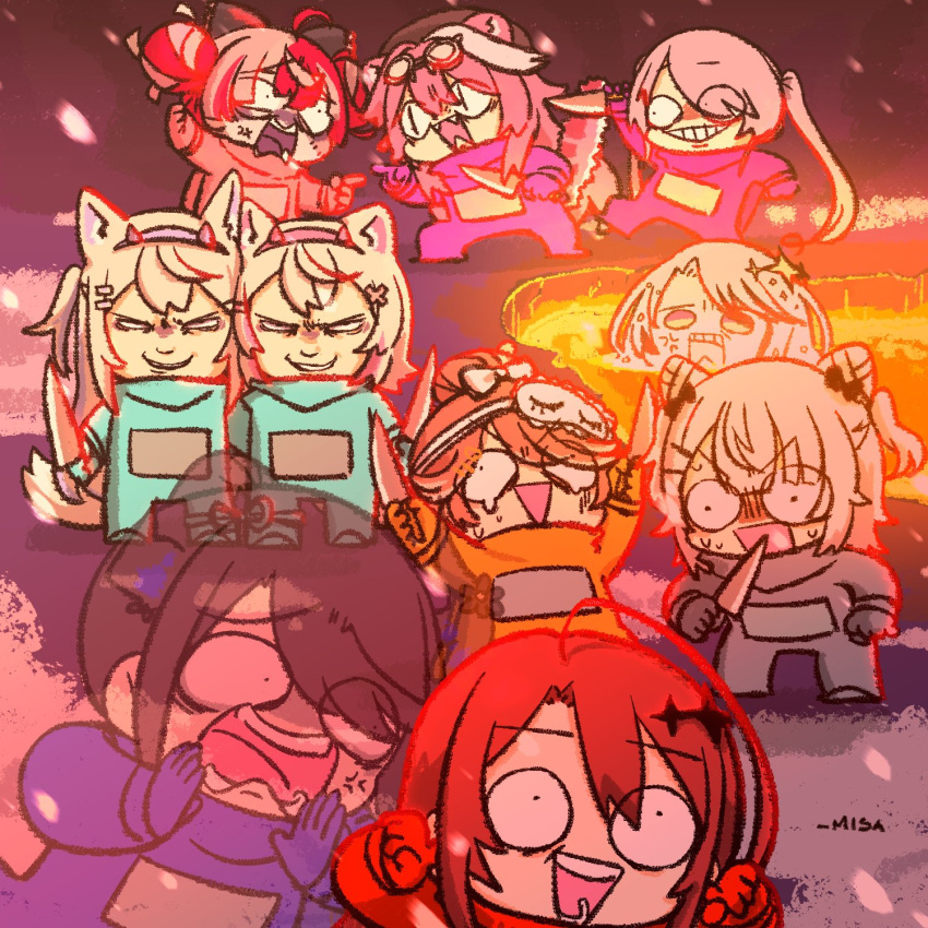 6+girls, ahoge, among_us, animal_ears, cosplay, crewmate_(among_us), crewmate_(among_us)_(cosplay), cyan_(among_us)