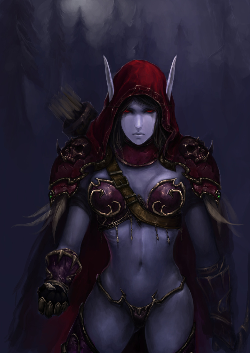 armor, arrow, bikini, bikini_armor, blue_skin, brown_hair, cape, cloak