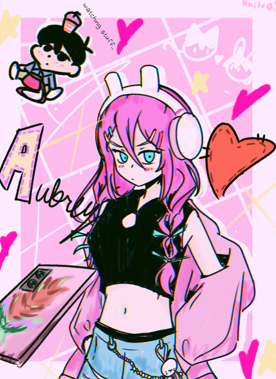 animal_ears, aubrey_(birthday)_(omori), aubrey_(faraway)_(omori), aubrey_(omori), cyan_eyes, half_body, heart, highres