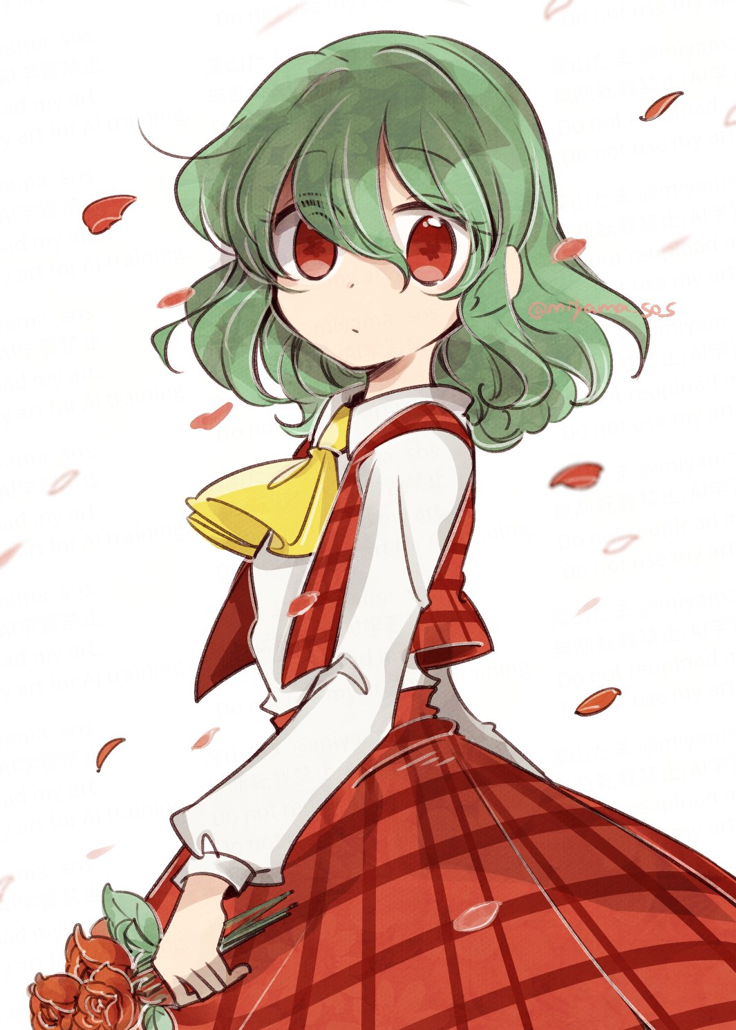 1girl, :o, ascot, commentary_request, expressionless, flower, from_side, green_hair