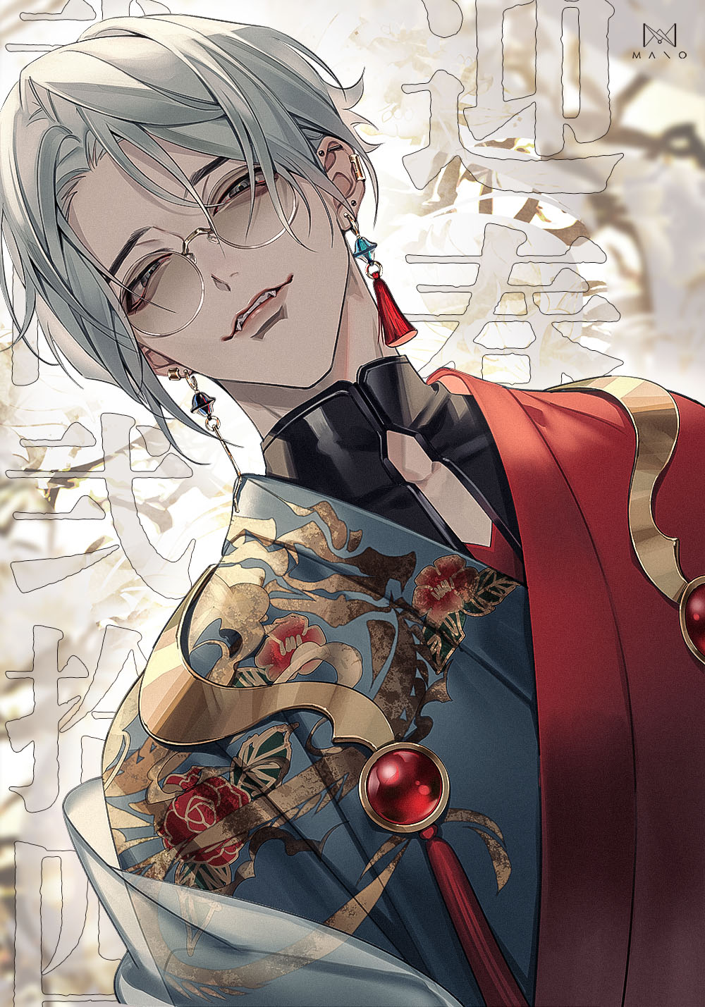 1boy, artist_name, black_shirt, blue_hanfu, blurry, chinese_clothes, chinese_text, commentary_request, ear_piercing, earrings, fangs, floral_print, gem, glasses, grey_eyes, grey_hair, half-closed_eyes, hanfu, happy_new_year, head_tilt, highres, jewelry, layered_clothes, looking_at_viewer, male_focus, mandarin_collar, manomenou, new_year, open_mouth, original, parted_bangs, parted_lips, piercing, red_gemstone, red_hanfu, round_eyewear, shirt, short_hair, smile, solo, tassel, tassel_earrings, teeth, upper_body