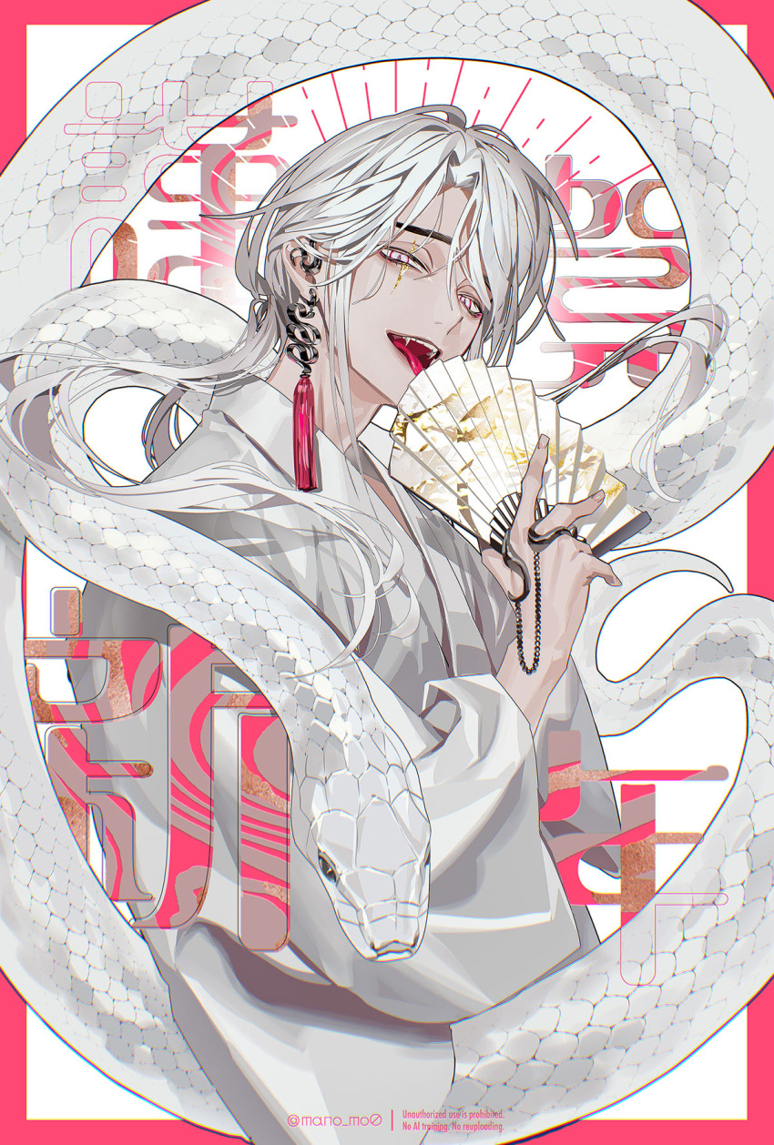 1boy, bishounen, border, chinese_zodiac, commentary_request, ear_piercing, earrings, fangs