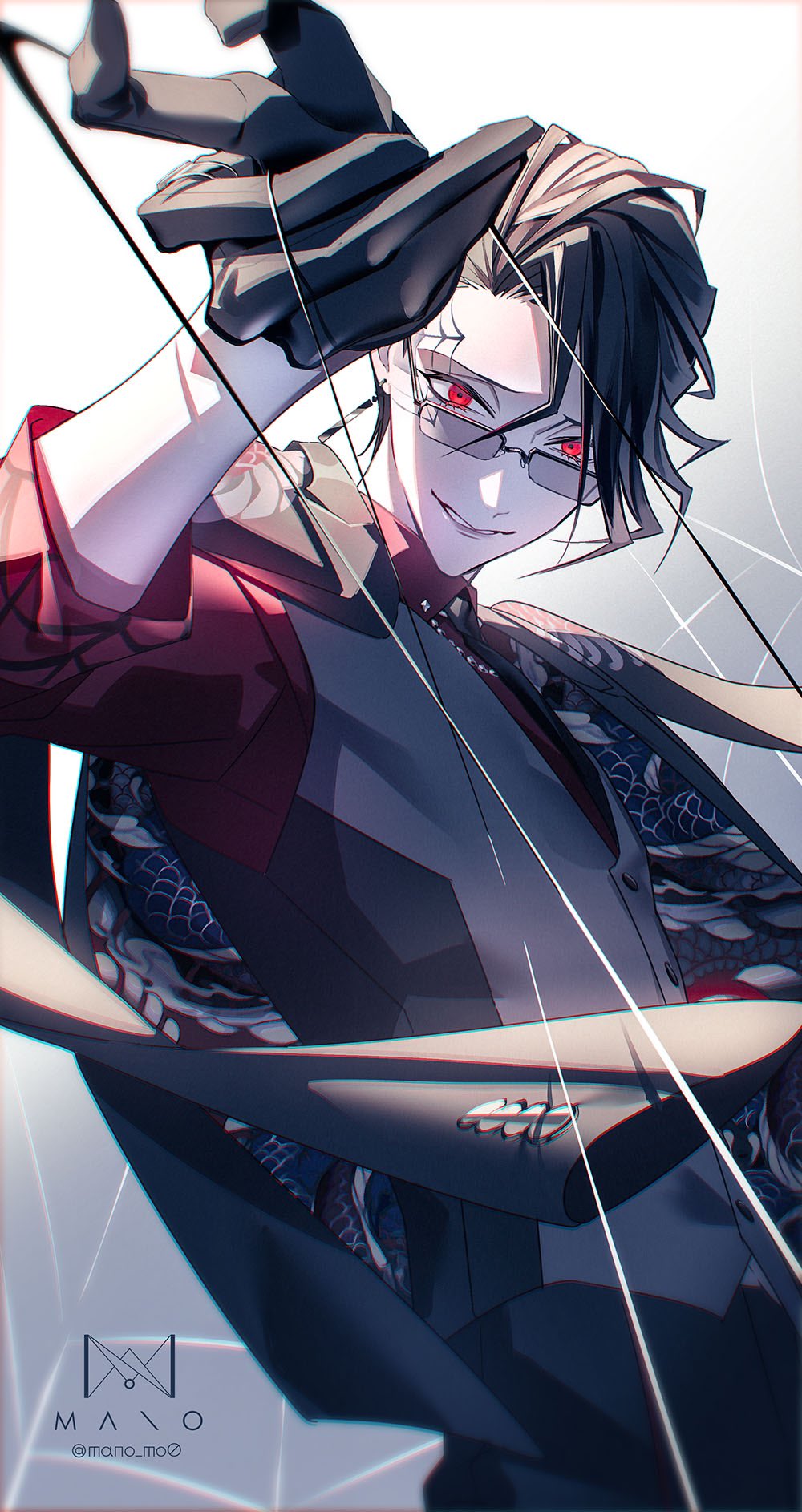 #compass, 1boy, artist_name, black_gloves, black_hair, black_jacket, black_necktie, black_vest