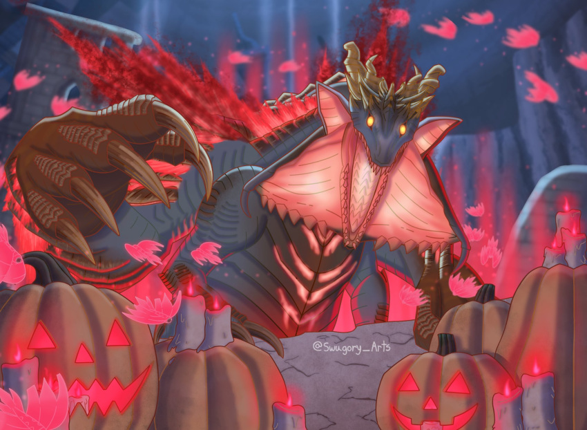 bifurcated_jaw, cliff, commentary, dragon, english_commentary, gaismagorm, glowing, halloween