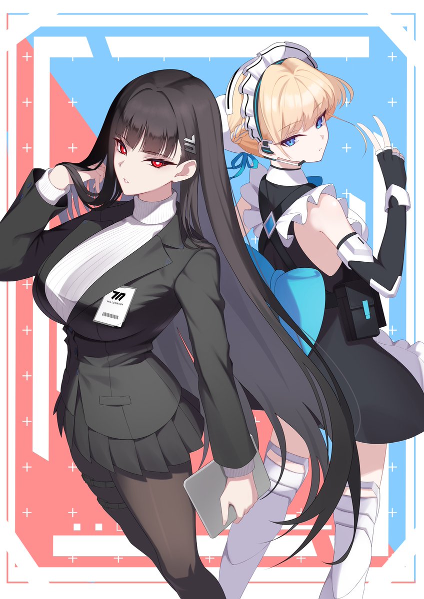 2girls, black_dress, black_gloves, black_hair, black_jacket, black_pantyhose, black_skirt, blonde_hair, blue_archive, blue_bow, blue_eyes, blue_hairband, bow, braid, breasts, bright_pupils, commentary_request, dress, earpiece, elbow_gloves, feet_out_of_frame, frilled_dress, frilled_hairband, frills, gloves, hair_ornament, hairband, hairclip, half_up_braid, hand_in_own_hair, holding, holding_tablet_pc, jacket, kurosaki_saya, large_breasts, long_hair, looking_at_viewer, millennium_science_school_logo, multiple_girls, pantyhose, red_eyes, ringed_eyes, rio_(blue_archive), skirt, sweater, tablet_pc, thigh-highs, toki_(blue_archive), turtleneck, turtleneck_sweater, v, very_long_hair, white_pupils, white_sweater, white_thighhighs