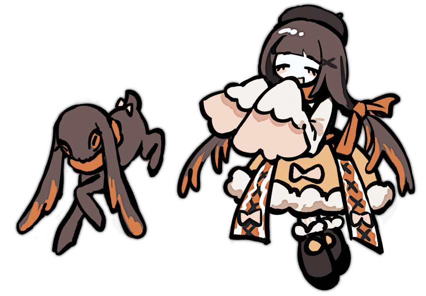 1girl, amo_empool, animalization, beret, black_boots, black_hat, boots, brown_hair