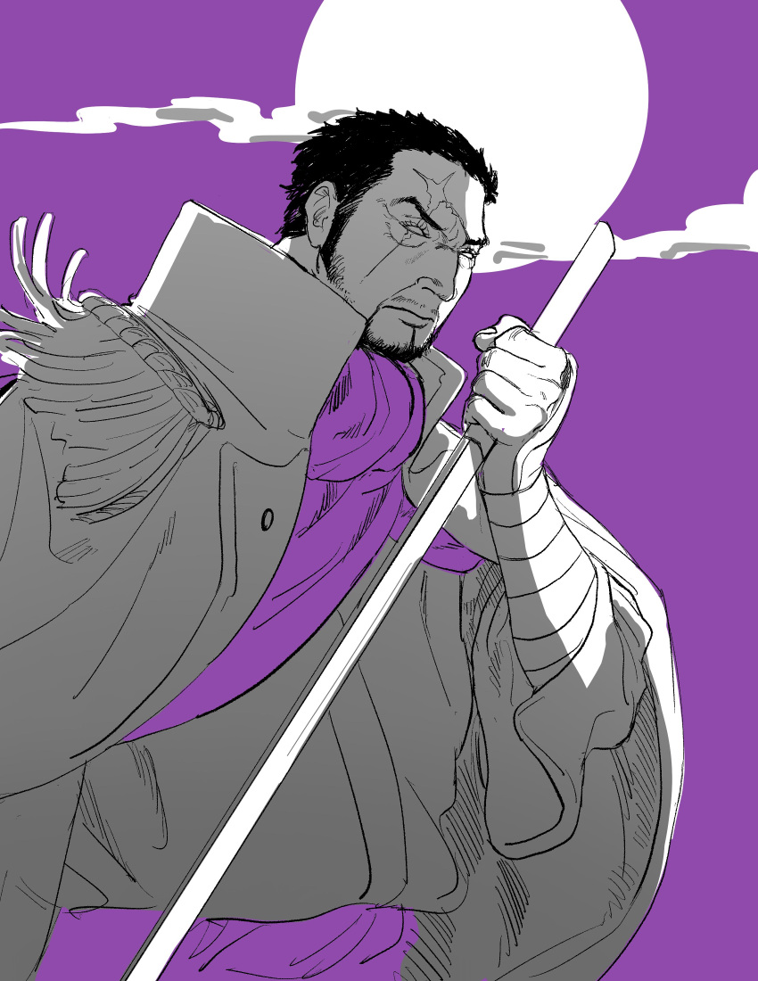 1boy, absurdres, beard, blind, closed_mouth, clouds, coat, coat_on_shoulders