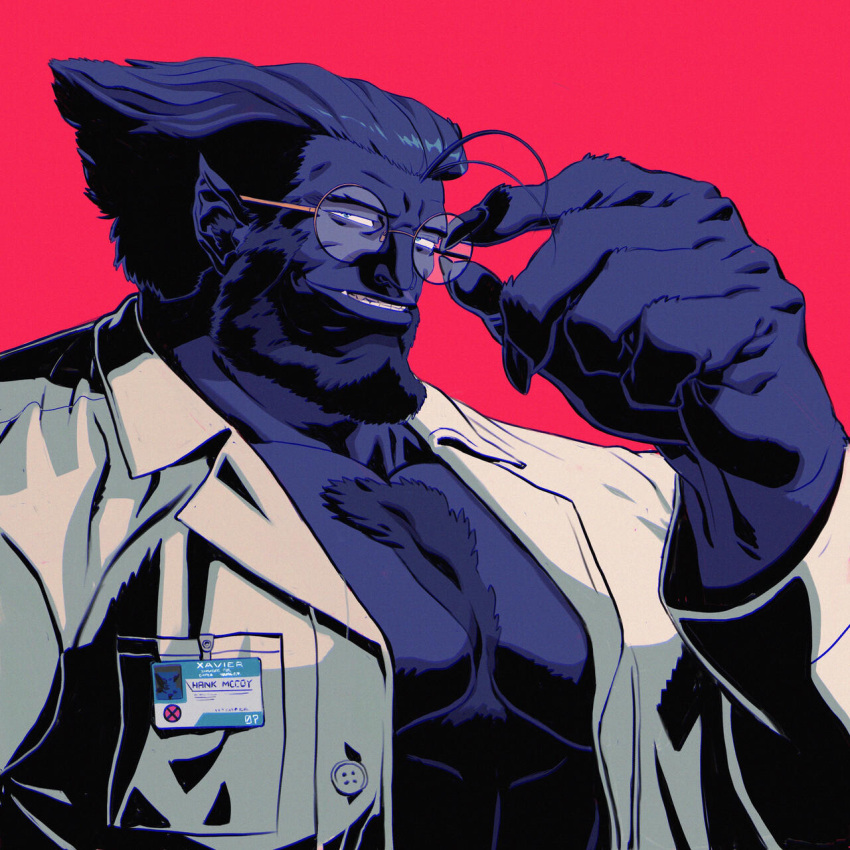 1boy, beast_(x-men), blue_eyes, blue_facial_hair, blue_hair, blue_skin, character_name, claws