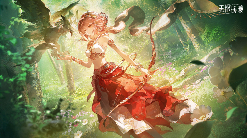 1girl, armlet, artist_request, bare_shoulders, beads, bird, bird_on_hand, bow_(weapon)