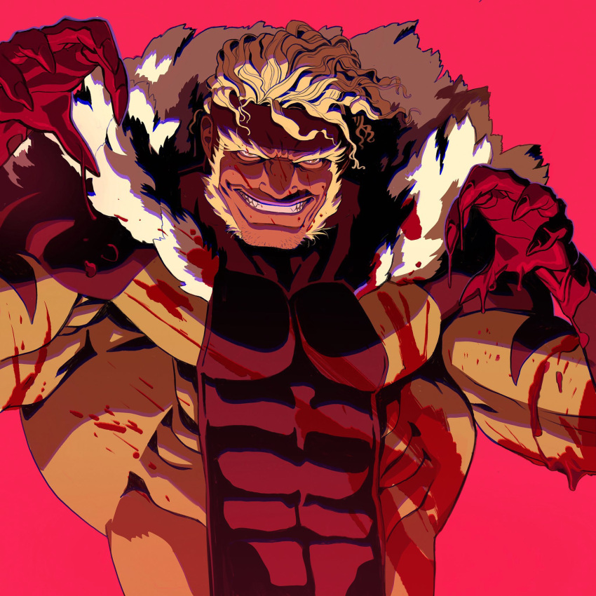 1boy, blonde_facial_hair, blonde_hair, blood, blood_on_clothes, blood_on_face, blood_on_hands, bodysuit
