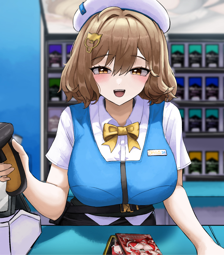 1girl, absurdres, alternate_costume, anis_(nikke), barcode_scanner, beret, blue_vest, blush, breasts, brown_eyes, brown_hair, cash_register, cashier, cat_hair_ornament, collared_shirt, commentary, convenience_store, counter, employee_uniform, english_commentary, goddess_of_victory:_nikke, hair_ornament, hat, highres, holding, holding_barcode_scanner, large_breasts, medium_hair, name_tag, open_mouth, shelf, shirt, shop, small_chair_(xiaosaiyi33818), solo, store_clerk, vest, white_hat, white_shirt, yellow_box