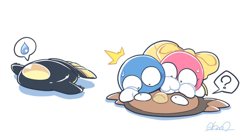 ?, blue_skin, colored_skin, commentary_request, crossover, gloves, kirby_(series), kirby_air_ride, kirby_air_riders, lalala_(kirby), lololo_(kirby), nettsuu, no_humans, pink_skin, pokemon, pokemon_(creature), ribbon, riding, riding_pokemon, signature, simple_background, spoken_sweatdrop, stunfisk, sweatdrop, vampire_star, white_background, white_gloves, yellow_ribbon