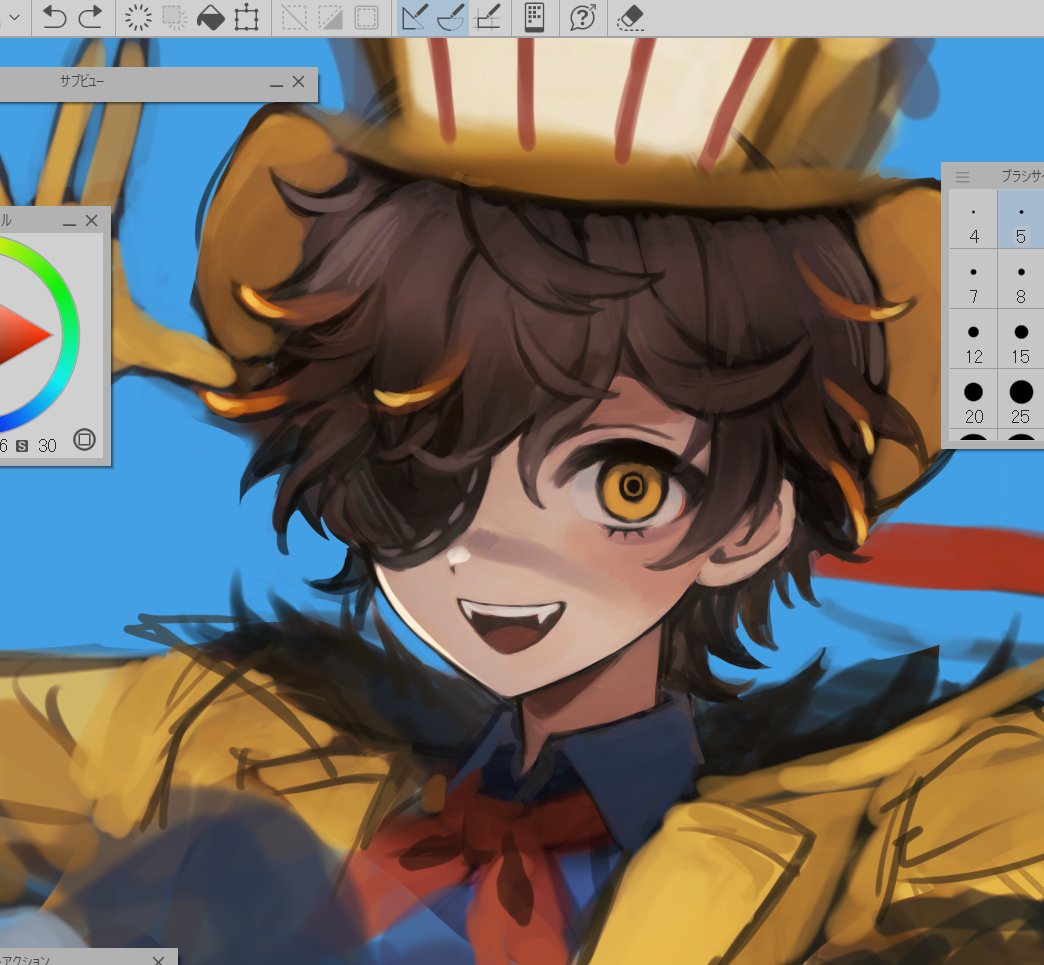 1boy, 37mimi_aim, :d, art_program_in_frame, blue_shirt, brown_hair, colored_tips, eyepatch