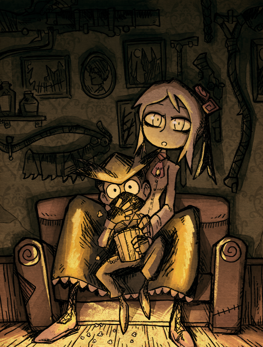 1boy, 1girl, ascot, black_eyes, bloodborne, boots, bottle, bucket