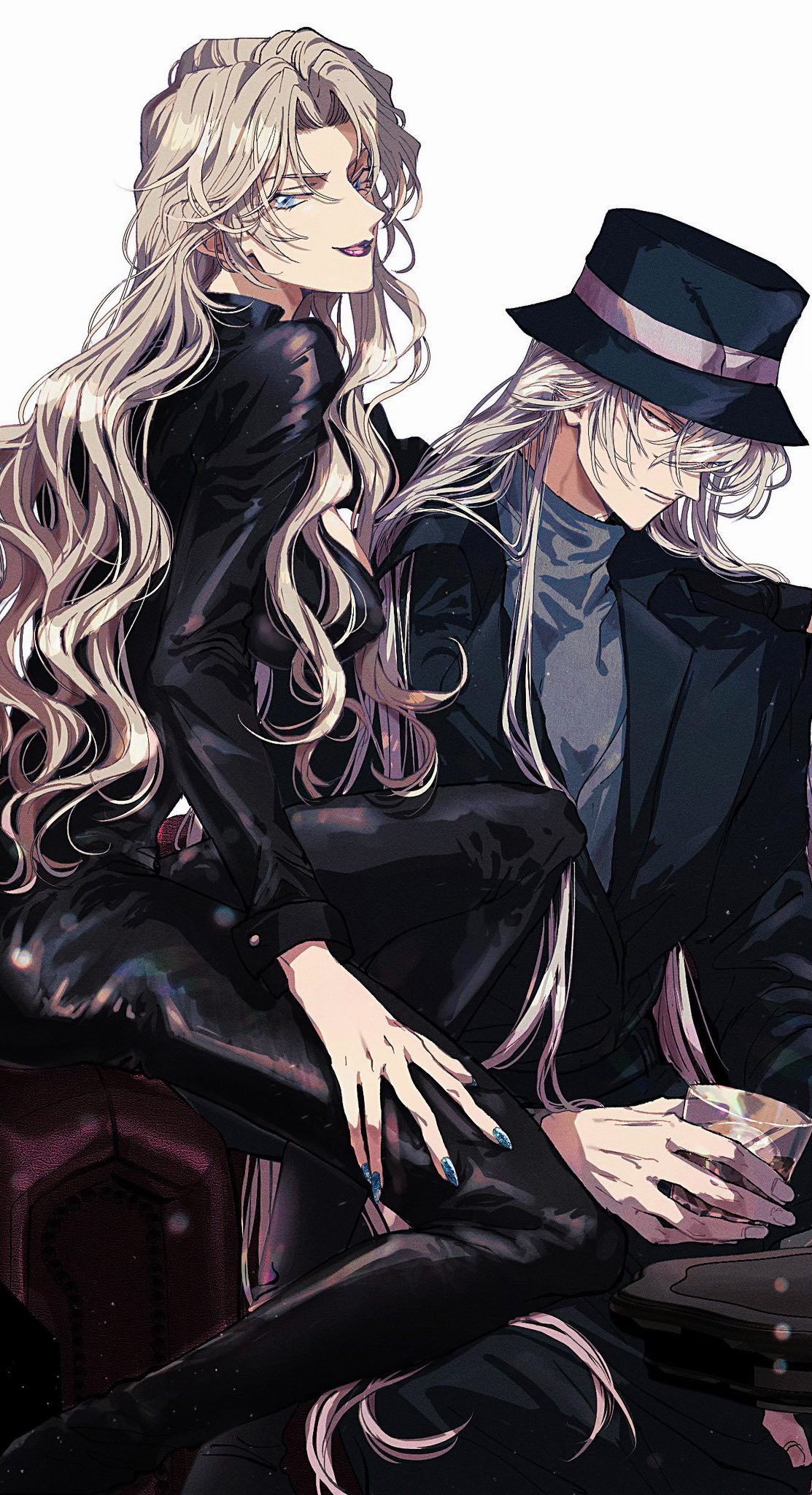 1boy, 1girl, black_coat, black_pants, black_shirt, blue_eyes, blue_nails, coat