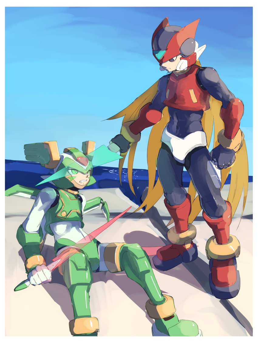 2boys, absurdres, armor, black_hair, blonde_hair, commentary_request, energy_sword, facial_mark