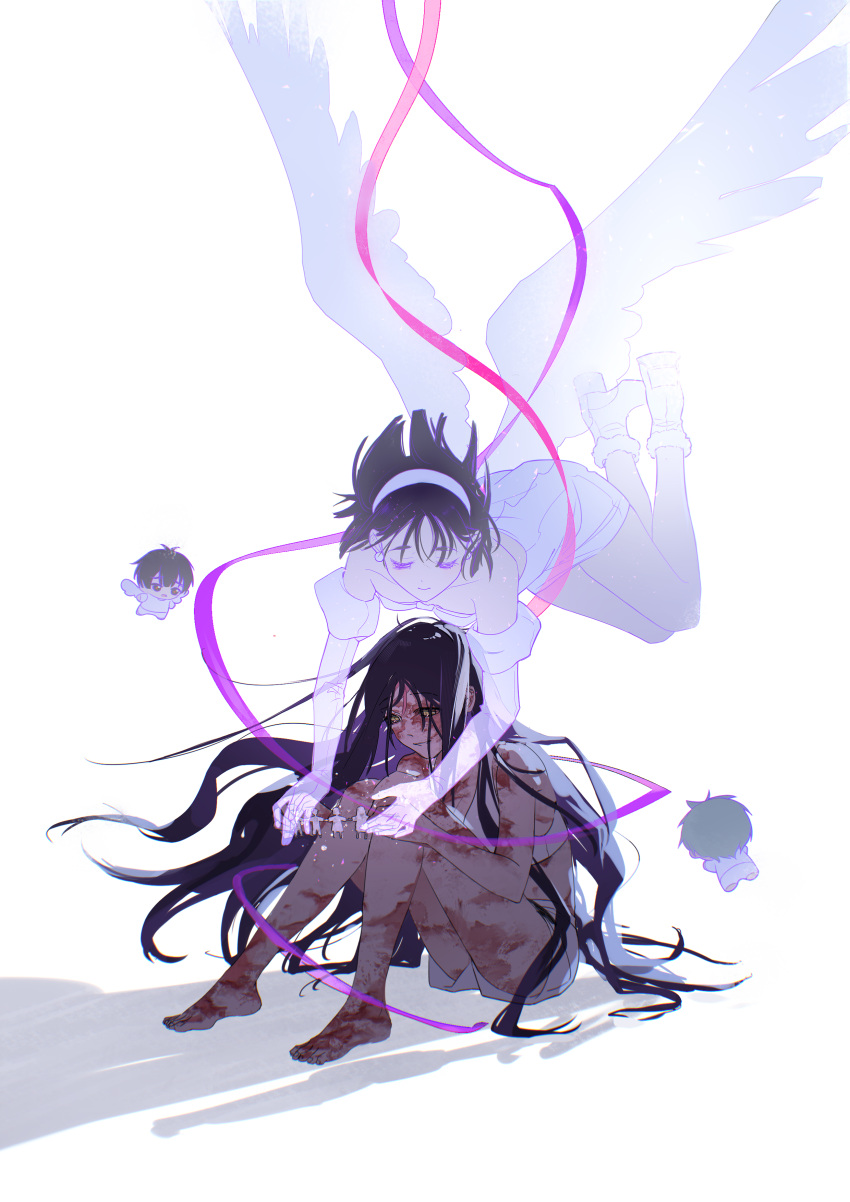 2boys, 2girls, absurdres, alien_stage, black_hair, boots, bra, burn_scar