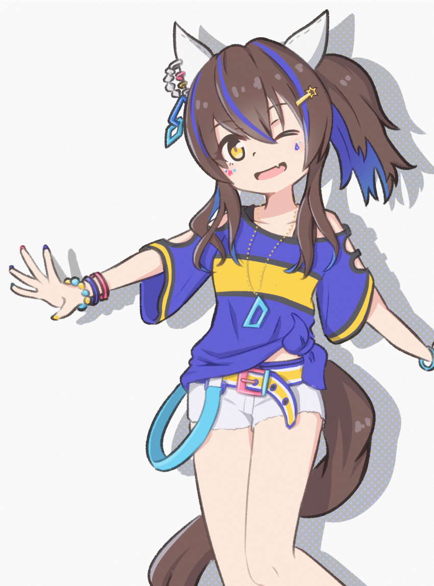1girl, ;d, amekaji_gyaru, animal_ears, bead_bracelet, beads, belt, blue_hair