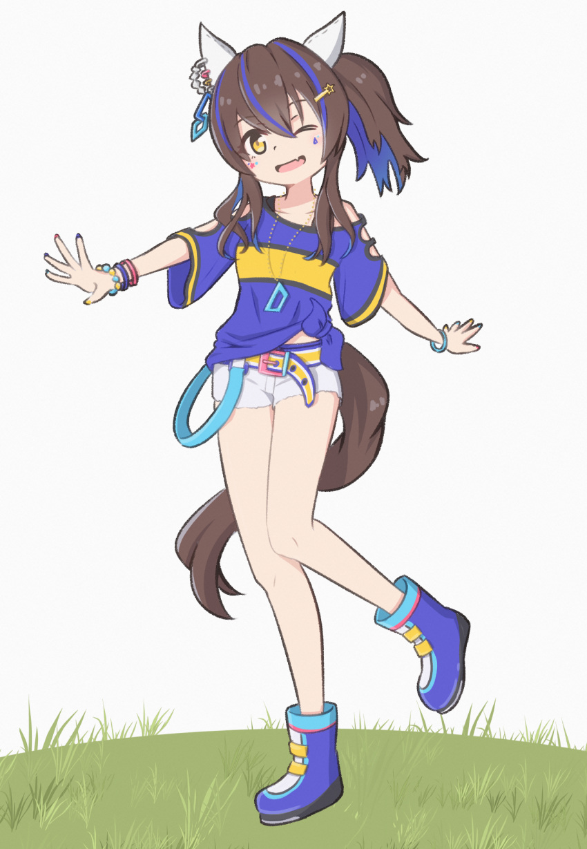 1girl, ;d, amekaji_gyaru, animal_ears, bead_bracelet, beads, belt, blue_boots