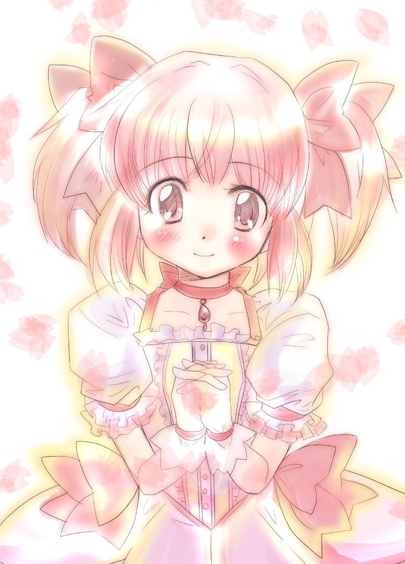 bow, choker, gloves, hair_bow, hands_clasped, izumiyamisono, kaname_madoka, magical_girl