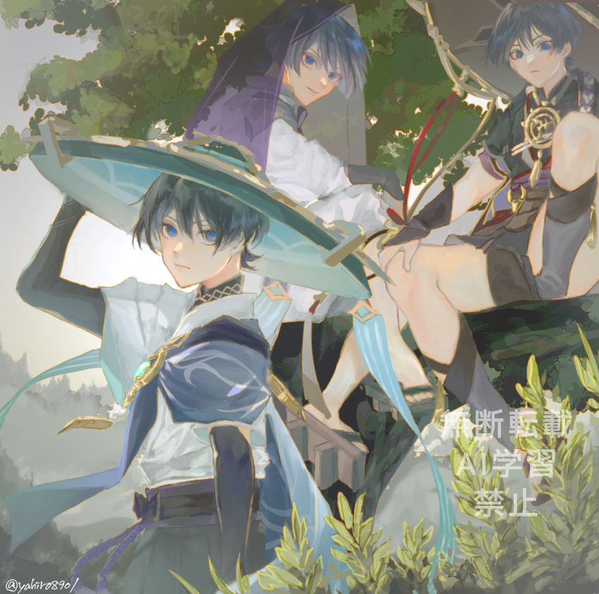 3boys, aqua_gemstone, arm_at_side, armor, belt, black_belt, black_bodysuit, black_bow, black_bridal_gauntlets, black_eyes, black_hair, black_kimono, black_shorts, black_sleeves, blue_cape, blue_jingasa, blue_pupils, blunt_ends, bodysuit, bow, bridal_gauntlets, cape, closed_mouth, clothing_cutout, commentary_request, eyeliner, eyeshadow, feathers, gem, genshin_impact, geta, gold, grey_hat, grey_sandals, grey_sleeves, hair_between_eyes, hand_on_own_knee, hand_up, hat, japanese_armor, japanese_clothes, jewelry, jingasa, juban, kararui0805, kariginu, kimono, knee_up, kote, kurokote, layered_sleeves, looking_at_viewer, makeup, mandarin_collar, mitsudomoe_(shape), multiple_boys, multiple_persona, neck_ring, o-ring, open_clothes, open_kimono, outdoors, pants, pleated_shorts, pom_pom_(clothes), purple_rope, purple_sash, purple_sleeves, purple_veil, red_eyeliner, red_eyeshadow, red_kimono, red_sash, rope, sandals, sash, scaramouche_(genshin_impact), scaramouche_(kabukimono)_(genshin_impact), see-through_clothes, see-through_veil, shimenawa, short_sleeves, shorts, shoulder_cutout, sitting, tilted_headwear, toes, tomoe_(symbol), tree, tsurime, twitter_username, veil, vision_(genshin_impact), wanderer_(genshin_impact), watermark, white_kimono, white_pants, white_rope, white_sleeves, white_trim, yellow_feathers