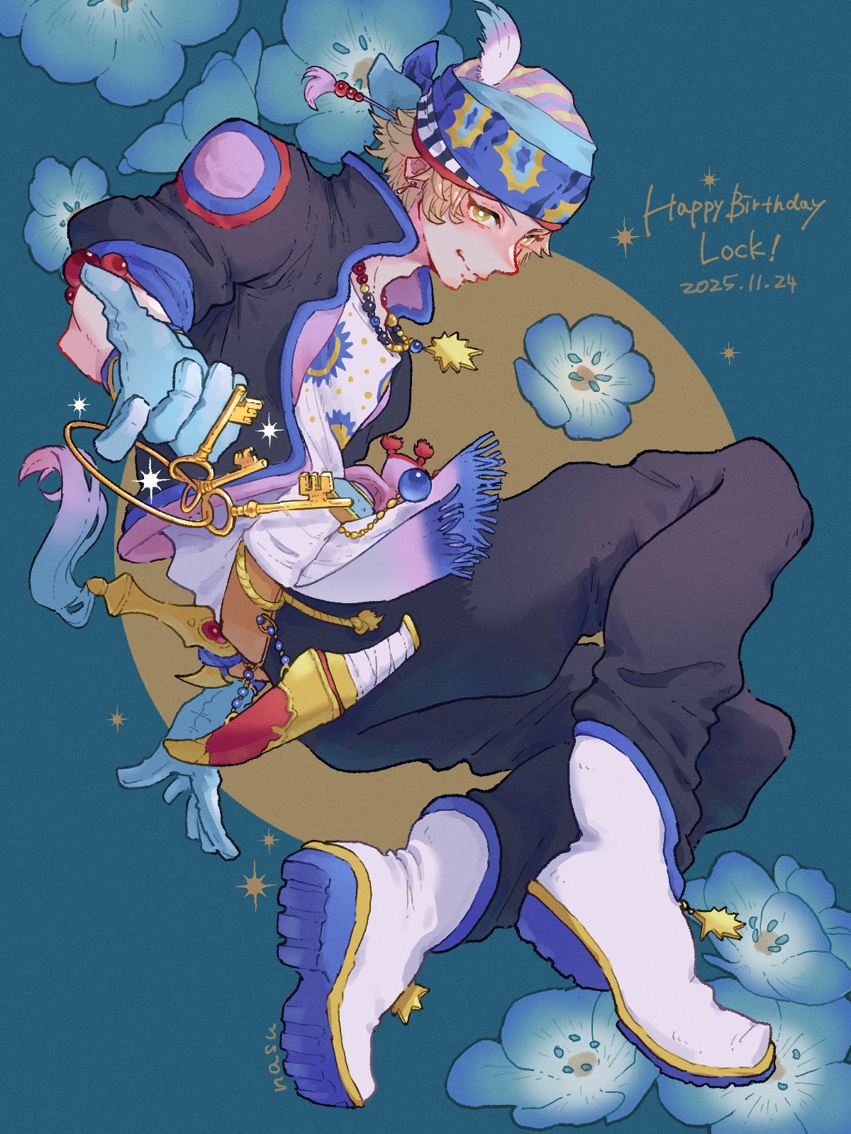 1boy, birthday, black_jacket, black_pants, blonde_hair, blue_flower, blue_gloves, boots