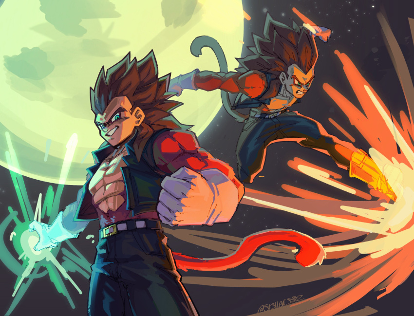 1boy, 5t3llar_dbz, absurdres, black_hair, body_fur, cropped_vest, denim, dragon_ball, dragon_ball_gt, final_shine_attack, green_eyes, highres, jeans, long_hair, looking_at_viewer, male_focus, monkey_boy, monkey_tail, muscular, muscular_male, no_nipples, pants, pectorals, red_fur, saiyan, smile, spiky_hair, super_saiyan, super_saiyan_4, tail, vegeta, vest