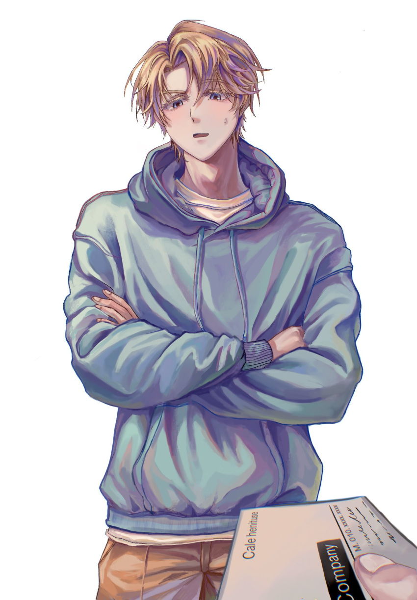 1boy, 1other, 707_1108, alberu_crossman, blonde_hair, blue_hoodie, blush, brown_pants