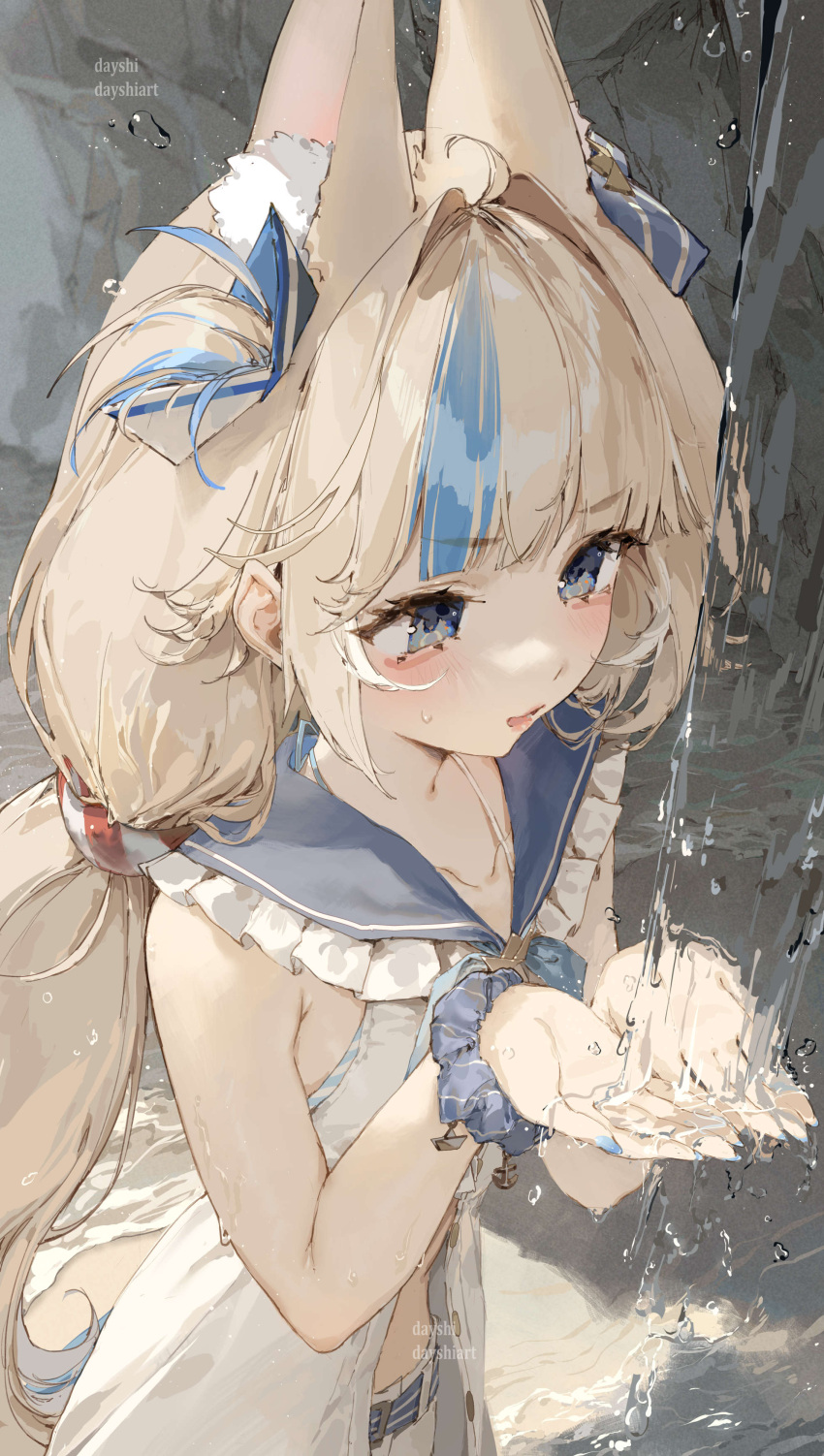 1girl, absurdres, animal_ear_fluff, animal_ears, blonde_hair, blue_bow, blue_eyes, blue_hair