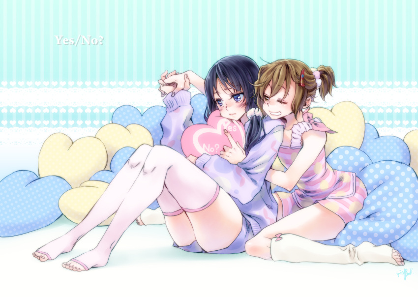 2girls, akiyama_mio, alternate_hairstyle, bare_shoulders, black_hair, blue_eyes, blush, brown_hair