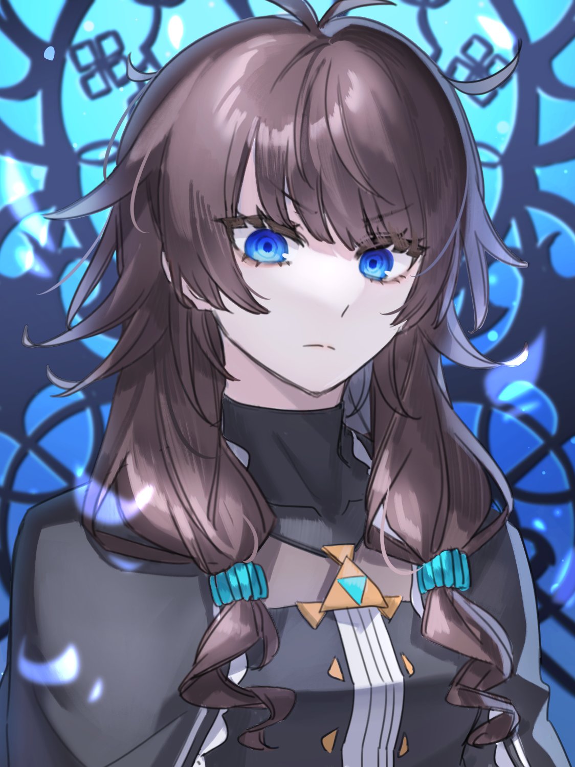 1girl, antenna_hair, black_shirt, blue_background, blue_eyes, brown_hair, cape, closed_mouth