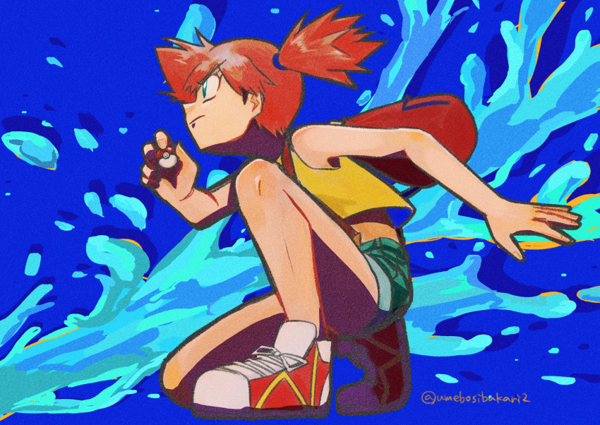 1girl, backpack, bag, bare_arms, bare_legs, bare_shoulders, blue_background, blue_eyes, blue_shorts, closed_mouth, commentary, from_side, full_body, highres, holding, holding_poke_ball, misty_(pokemon), on_one_knee, orange_hair, poke_ball, poke_ball_(basic), pokemon, pokemon_(anime), pokemon_(classic_anime), profile, red_shoes, shoes, shorts, side_ponytail, solo, suspenders, tank_top, twitter_username, umebosibakari2, water, yellow_tank_top
