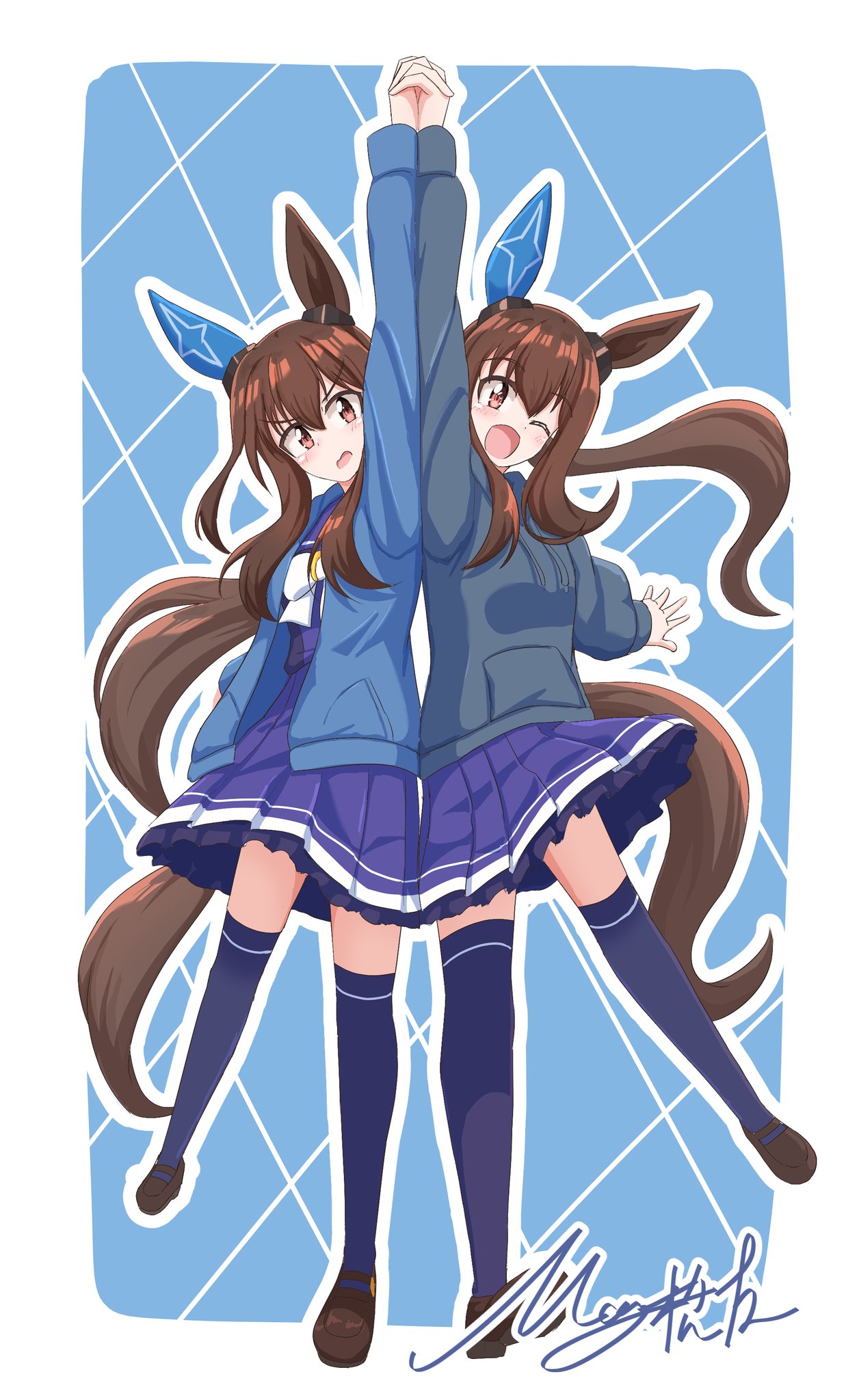 2girls, admire_vega's_twin_sister_(umamusume), admire_vega_(umamusume), animal_ears, blue_hoodie, blue_jacket, blush, bow
