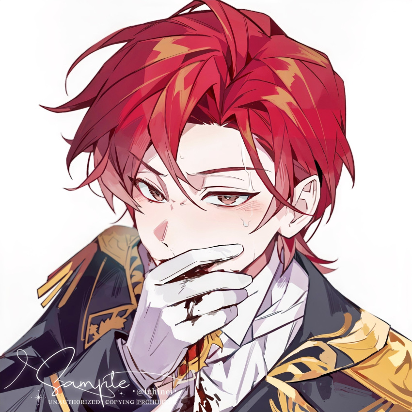 1boy, black_jacket, blood, blood_on_clothes, blush, brown_eyes, cale_henituse, collared_shirt