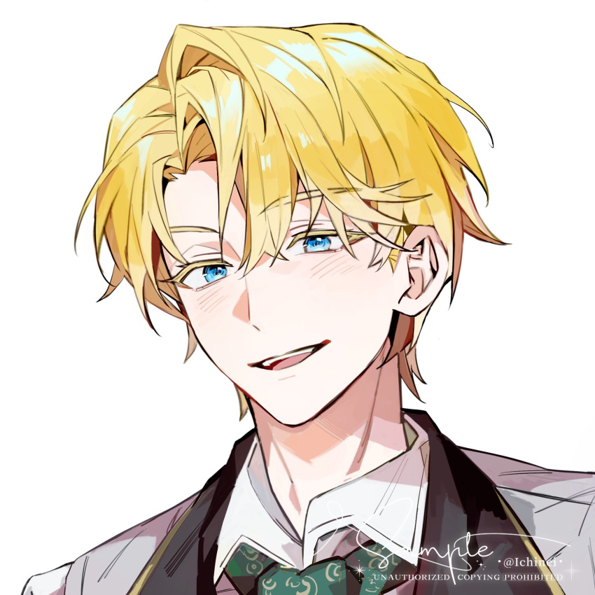 1boy, :d, alberu_crossman, artist_name, blonde_hair, blue_eyes, blush, collared_shirt