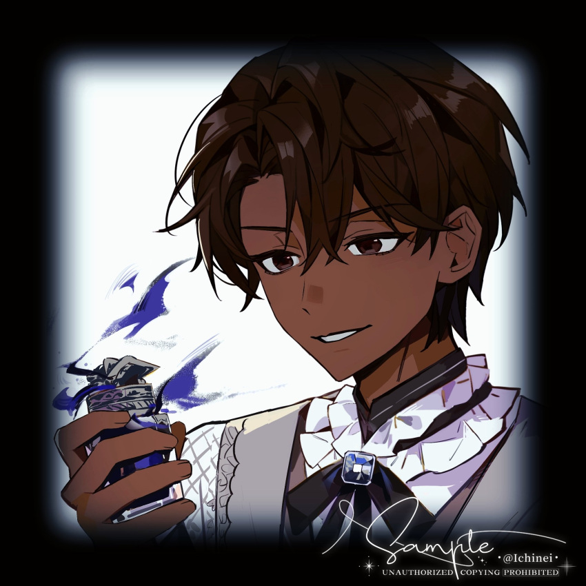 1boy, alberu_crossman, black_border, black_bow, black_bowtie, black_ribbon, border, bottle