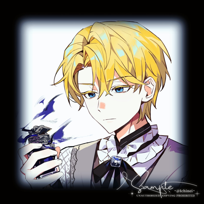 1boy, alberu_crossman, black_border, black_bow, black_bowtie, black_ribbon, blonde_hair, blue_eyes